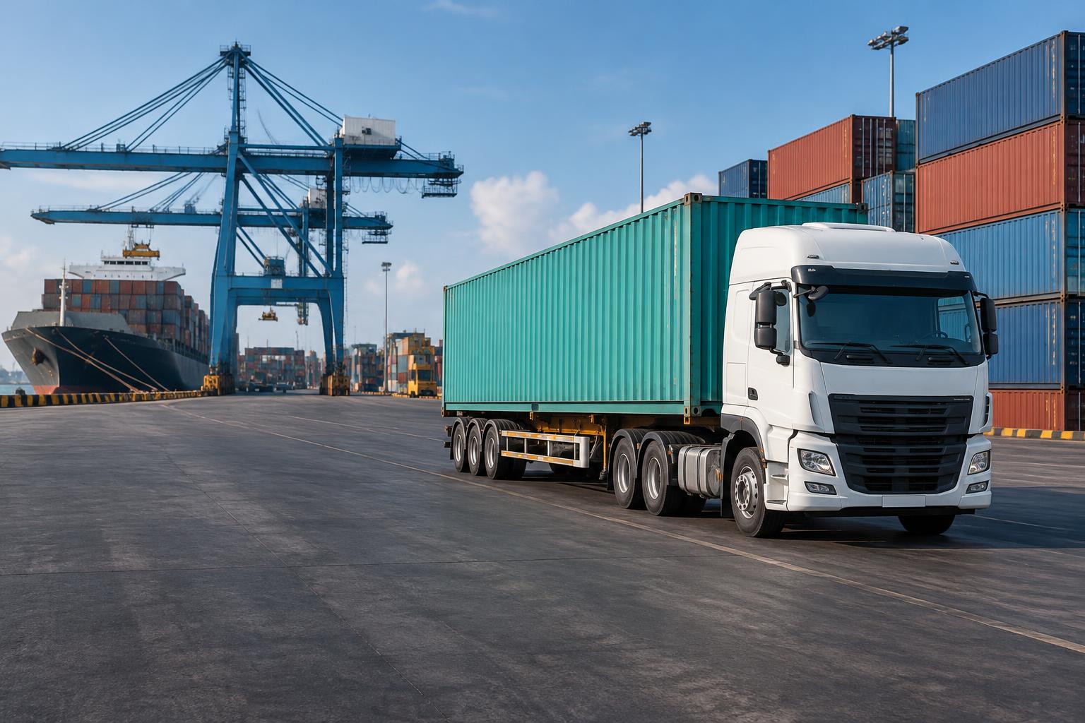Illustrative container truck at a shipping terminal